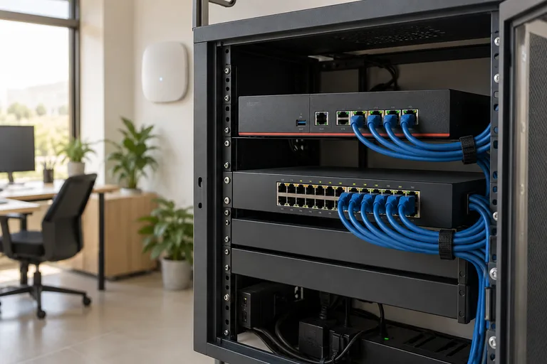 Équipements réseau et câbles dans une baie informatique